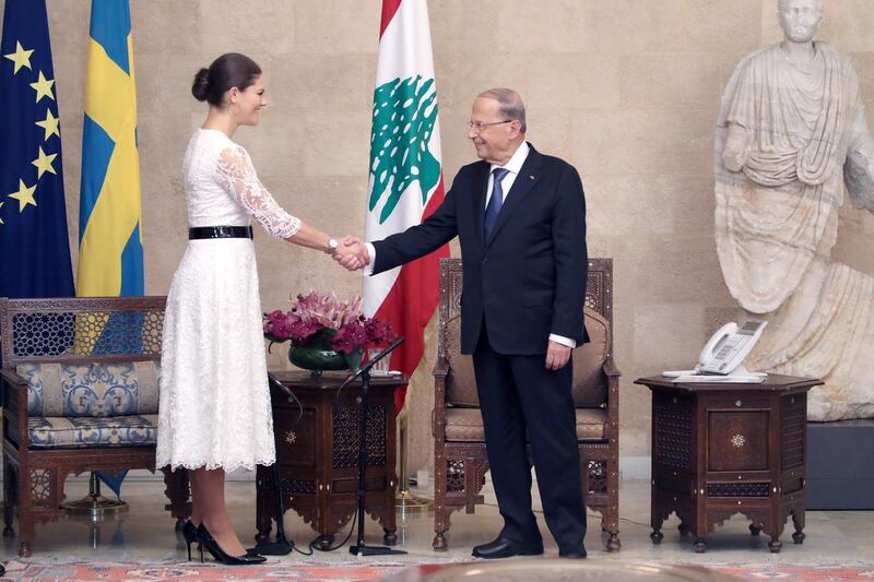 Crown Princess Victoria of Sweden (L) shakes hands with Lebanese President Michel Aoun (R) at the Presidential Palace in Baabda, east Beirut, Lebanon. EPA