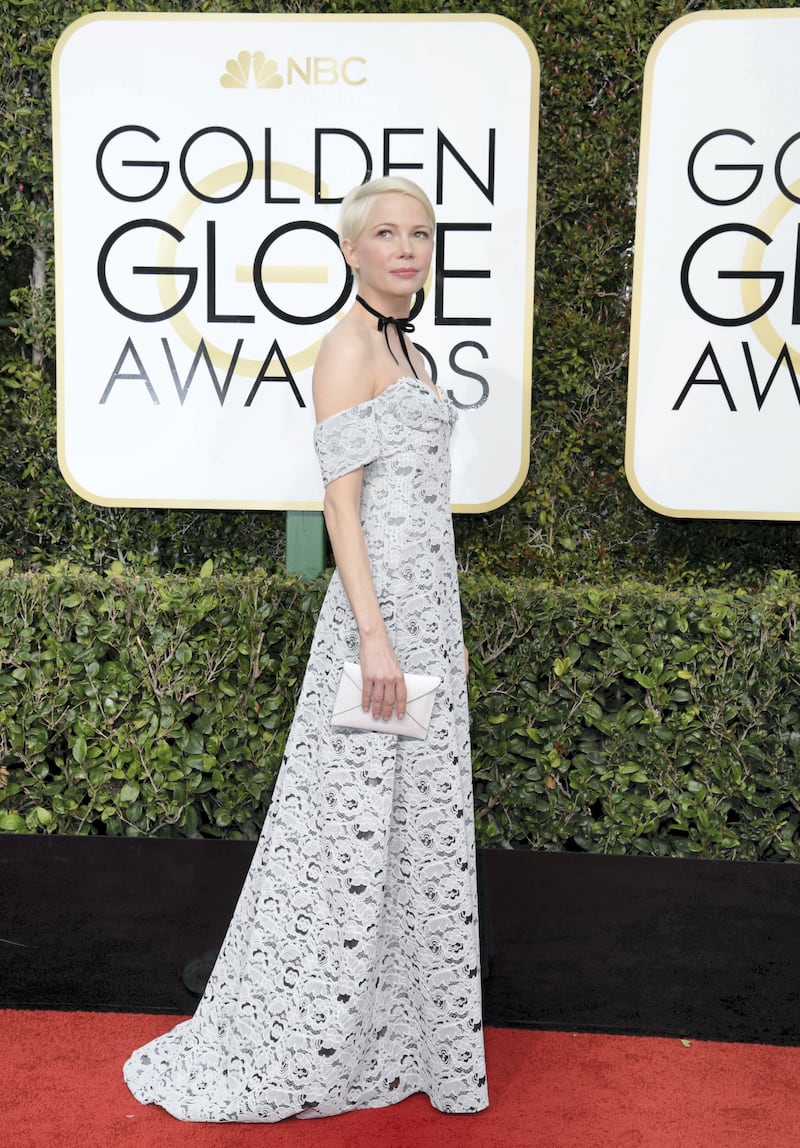 BEVERLY HILLS, CA - JANUARY 08:  74th ANNUAL GOLDEN GLOBE AWARDS -- Pictured: Actress Michelle Williams arrives to the 74th Annual Golden Globe Awards held at the Beverly Hilton Hotel on January 8, 2017.  (Photo by Kevork Djansezian/NBC/NBCU Photo Bank via Getty Images)
