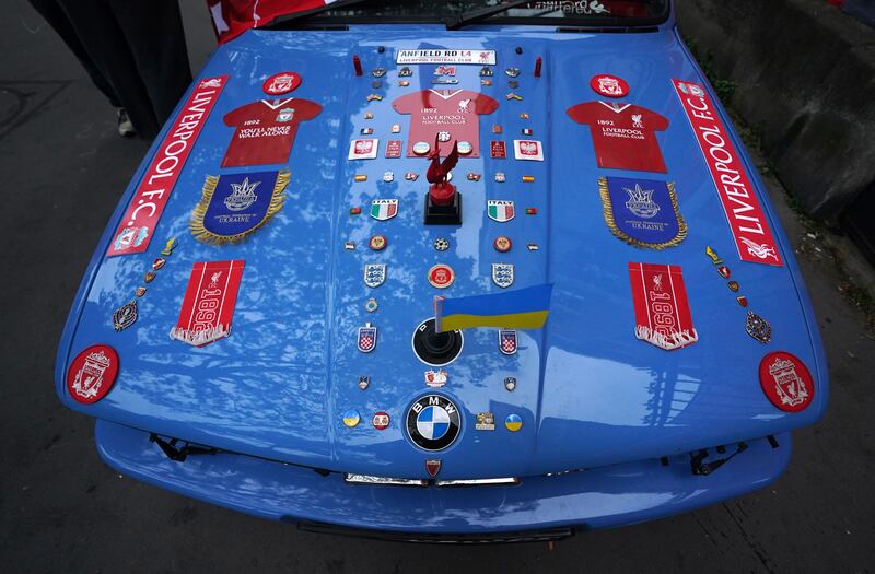 A view of the badges and detail on Liverpool fan Mel Singh's car in Paris ahead of Saturday's Champions League final. PA