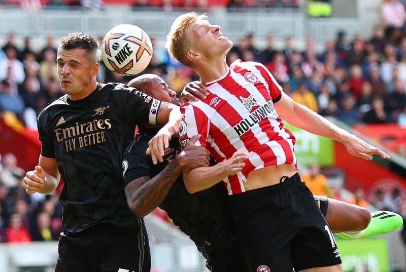 Granit Xhaka 8: Took captain’s armband again with Odegaard out injured and dinked a lovely ball over top to find Jesus for second goal. Unnecessary yellow card when blocked Raya as goalkeeper looked to launch Bees' counter-attack. Reuters