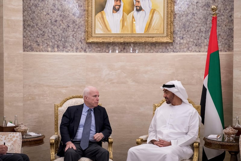 Sheikh Mohammed bin Zayed meets with John McCain at Al Shati Palace on July 1, 2017. Rashed Al Mansoori / Crown Prince Court - Abu Dhabi
