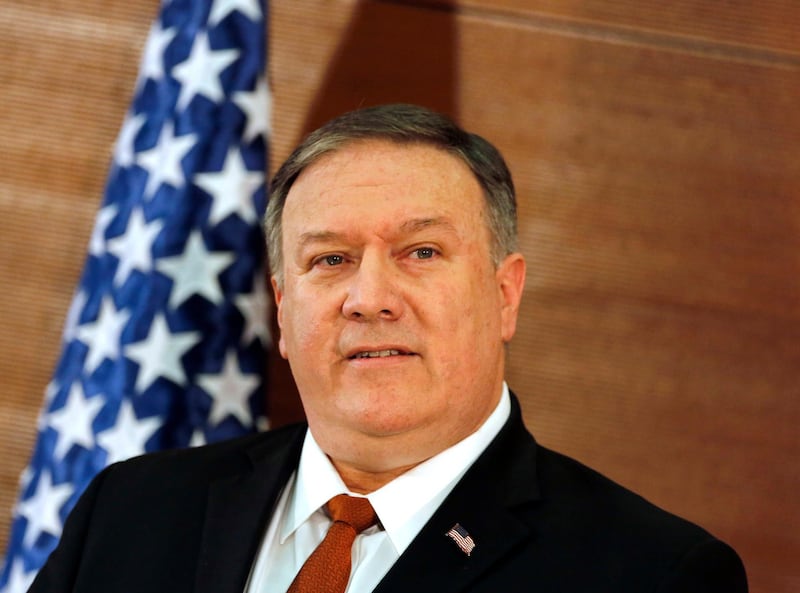 U.S. Secretary of State Mike Pompeo, gives a speech at the American University in Cairo, Egypt, Thursday, Jan. 10, 2019. Pompeo delivered a scathing rebuke of the Obama administration's Mideast policies as he denounced the former president for misguided and wishful thinking that diminished America's role in the region, harmed its longtime friends and emboldened its main foe: Iran. (AP Photo/Amr Nabil)