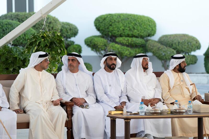 ABU DHABI, UNITED ARAB EMIRATES - November 05, 2018: (L-R) HH Sheikh Mansour bin Zayed Al Nahyan, UAE Deputy Prime Minister and Minister of Presidential Affairs, HH Lt General Sheikh Saif bin Zayed Al Nahyan, UAE Deputy Prime Minister and Minister of Interior, HH Sheikh Nahyan Bin Zayed Al Nahyan, Chairman of the Board of Trustees of Zayed bin Sultan Al Nahyan Charitable and Humanitarian Foundation, HH Sheikh Mohamed bin Butti Al Hamed and HH Sheikh Tahnoon bin Mohamed Al Nahyan, Ruler's Representative in Al Ain Region, attend a Sea Palace barza.
( Mohamed Al Hammadi / Ministry of Presidential Affairs )
---