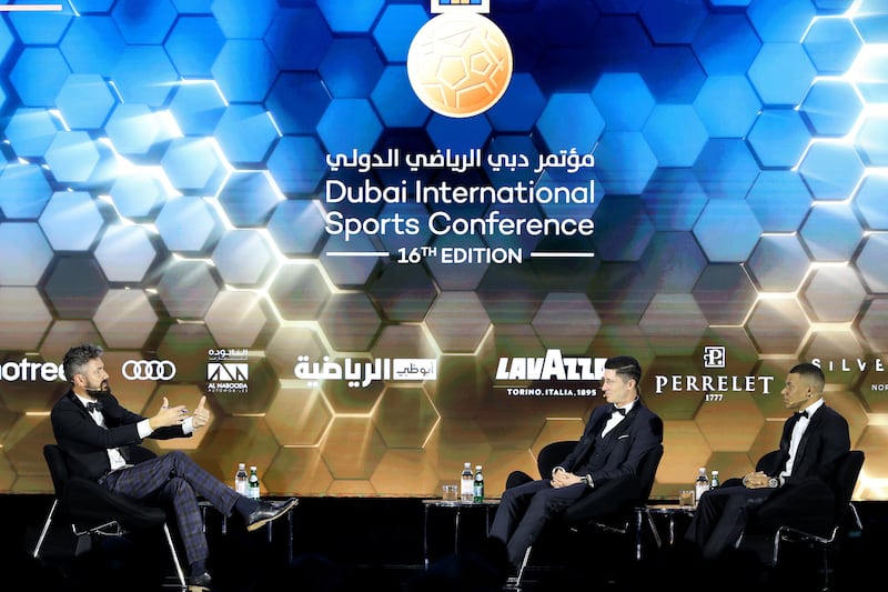 Kylian Mbappe and Rober Lewandowski at the Globe Soccer Awards.