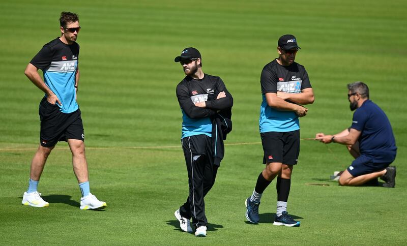 New Zealand captain Kane Williamson walks to the nets with Tim Southee and Ross Taylor, right, during a nets session at Lord's Cricket Ground on Monday, May 31, 2021. Getty