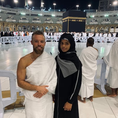 Having always wanted to perform Umrah, Ramli Ali, pictured above with husband Richard Moore in Makkah, wasn’t going to pass up the opportunity after the historic fight in Jeddah. Photo: Ramla Ali
