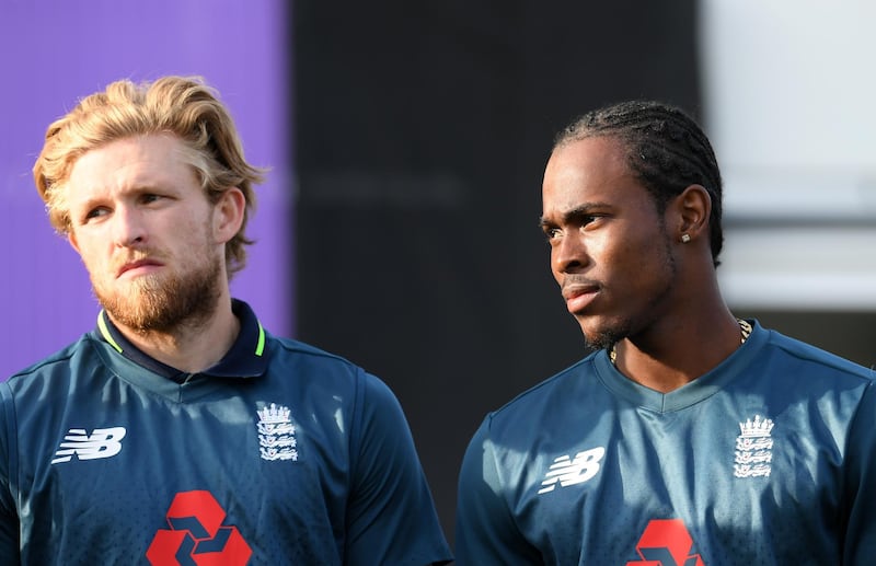 LEEDS, ENGLAND - MAY 19: Jofra Archer of England and David Willey of England look on during the 5th One Day International between England and Pakistan at Headingley on May 19, 2019 in Leeds, England. (Photo by Alex Davidson/Getty Images)