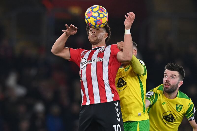 Southampton striker Che Adams controls the ball during the Premier League match against Norwich City at St Mary's Stadium in Southampton, southern England on February 25, 2022. AFP