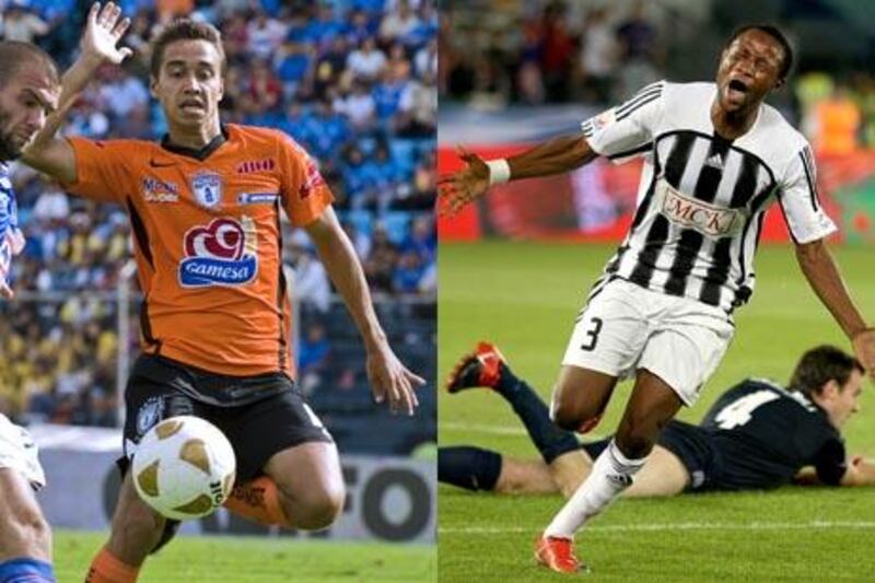 (left) Cruz Azul's Emmanuel Villa (L) vies for the ball with Pachuca's Daniel Arreola during their Mexican football Apertura tournament match, in Mexico City on August 14, 2010. AFP PHOTO/Luis Acosta
(right)Kilitcho Kasusula of Congo's TP Mazembe celebrates after scoring a goal against New Zealand's Auckland FC during their FIFA Club World Cup 2009 football match in Abu Dhabi on December 16, 2009. AFP PHOTO/MARWAN NAAMANI