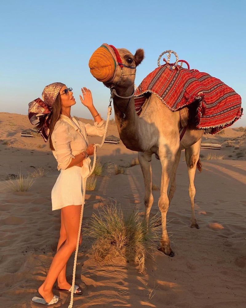 Maura Higgins: The British model and former ‘Love Island’ star took a trip out to the desert for an adventure with some camels during her December holiday in the Emirates. Instagram