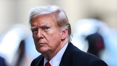 Former US President Donald Trump in New York City, on March 25, after his court hearing to determine the date of his trial for allegedly covering up hush money payments. AFP
