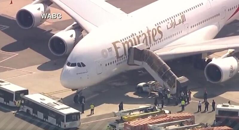 Eleven passengers and crew were treated for flu after landing at New York's JFK airport.