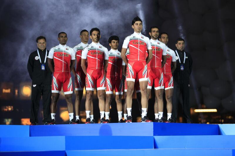 The UAE national team leader being presented on Tuesday during the opening ceremony of the Dubai Tour. Sarah Dea / The National