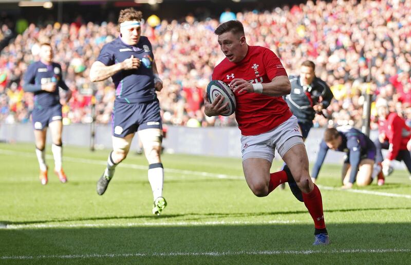 Rugby Union - Six Nations Championship - Scotland v Wales - BT Murrayfield Stadium, Edinburgh, Britain - March 9, 2019  Wales' Josh Adams scores their first try   Action Images via Reuters/Lee Smith
