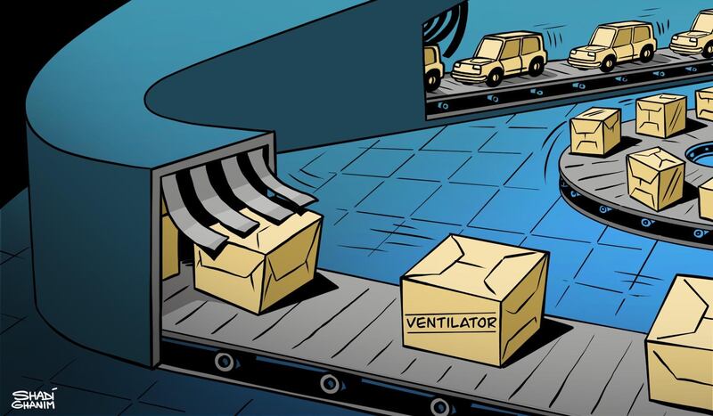 Our cartoonist Shadi Ghanim's take on US car manufacturers Ford and GM contributing to the country's efforts in tackling the coronavirus pandemic.