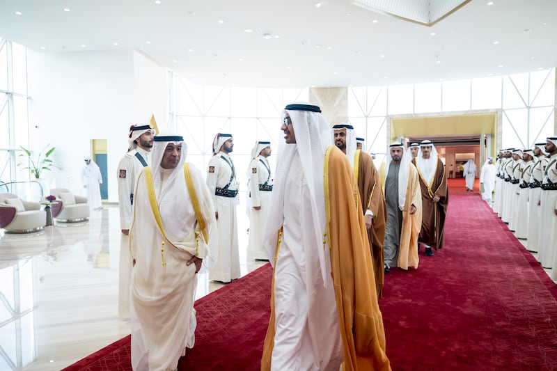 Sheikh Abdullah with GCC secretary general Jasem Al Budaiwi in Doha. Mohamed Al Hammadi / UAE Presidential Court

