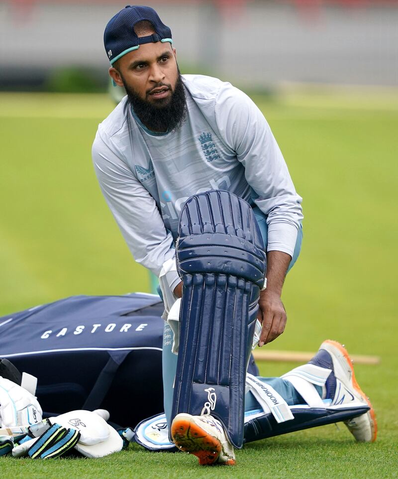 England's Adil Rashid pads up. PA