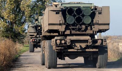 A Himars truck showing its six rocket pods in the northern Kherson region on October 29.  EPA