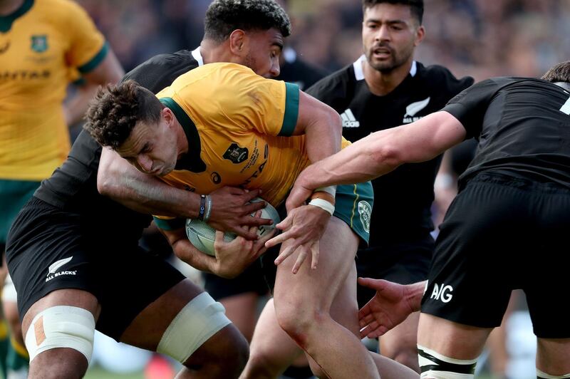 New Zealand's Hoskins Sotutu tackles Australia's Tomas Banks. AFP