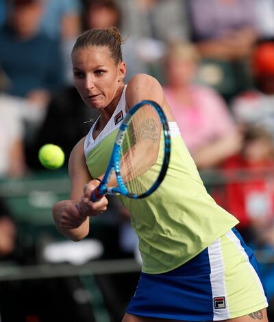 epa07426082 Karolina Pliskova of the Czech Republic in action against Misaki Doi of Japan during the BNP Paribas Open tennis tournament at the Indian Wells Tennis Garden in Indian Wells, California, USA, 09 March 2019. The men's and women's final will be played on 17 March 2019.  EPA/JOHN G. MABANGLO