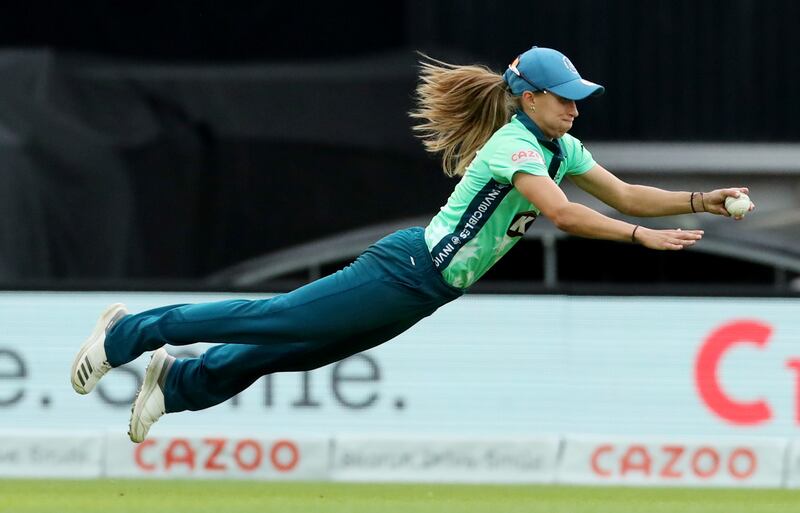 Oval Invincibles’ Tash Farrant takes a catch to dismiss Erin Burns of Birmingham Phoenix in The Hundred Eliminator match at The Oval in London, on Friday, August 20. Reuters