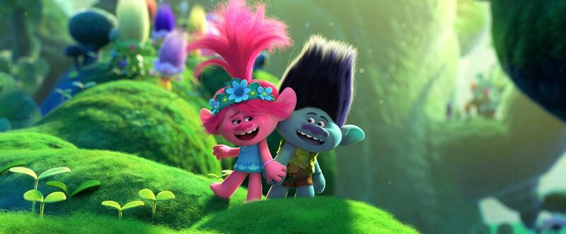 This image released by DreamWorks Animation shows characters Branch, voiced by Justin Timberlake, right, and Poppy, voiced by Anna Kendrick in a scene from "Trolls World Tour." (DreamWorks Animation via AP)