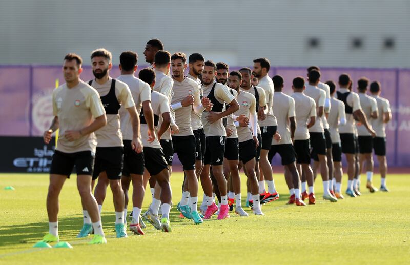UAE players line up for a drill during a training session in Abu Dhabi.