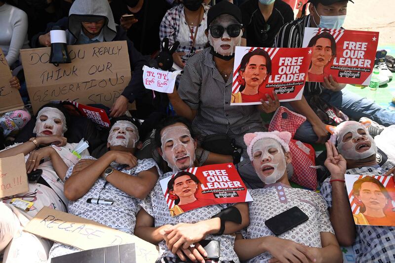 Protesters take part in a demonstration against the military coup in front of the Chinese embassy in Yangon. AFP