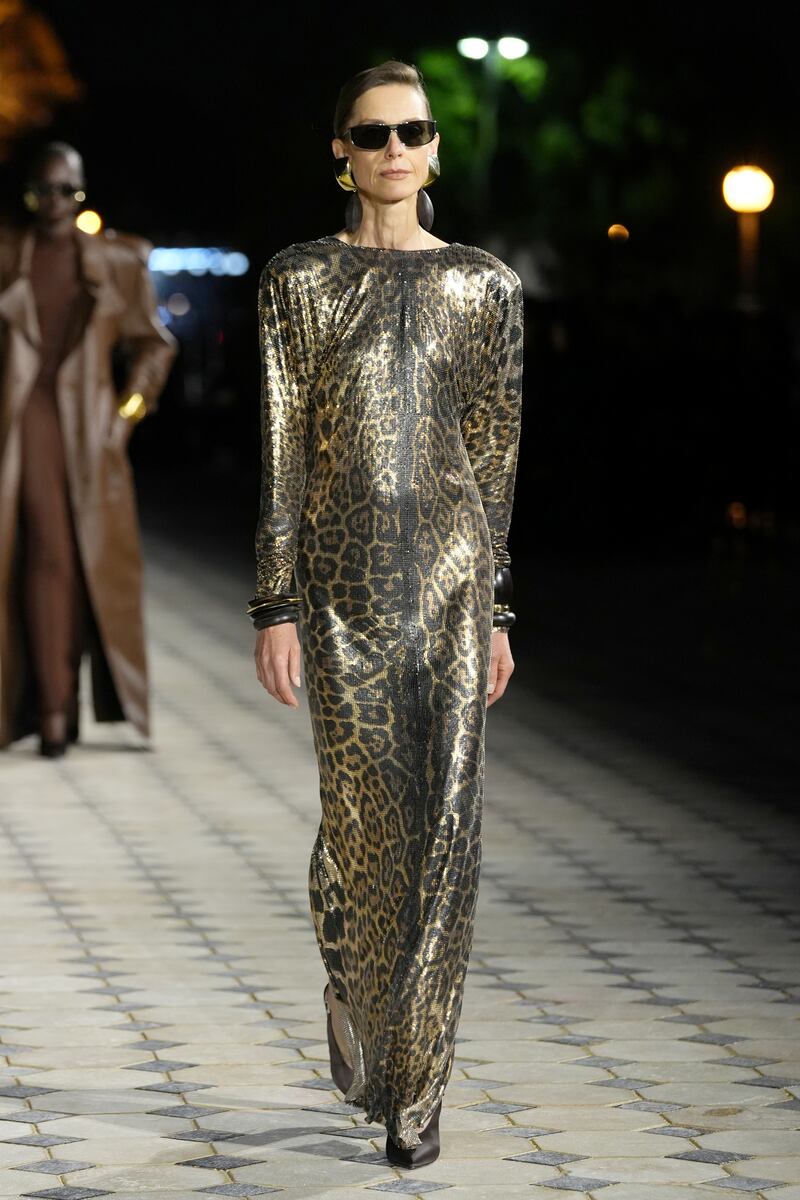 A tubular dress in metallic leopard print. Getty Images