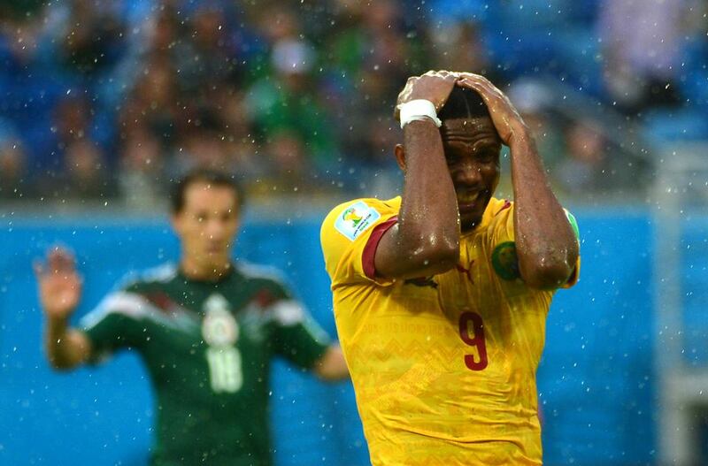 Cameroon forward Samuel Eto'o reacts after missing a chance to score during their match against Mexico in group play at the 2014 World Cup. Yuri Cortez / AFP / June 13, 2014 