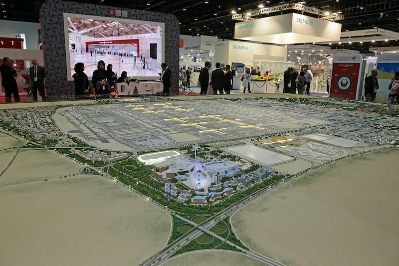 Dubai, United Arab Emirates - May 9, 2016.  The Dubai Expo 2020 ( in foregound ) close to Al Maktoum International Airport is the main attraction at the 16th edition of Airport Show, in Dubai International Convention and Exhibition Centre.  ( Jeffrey E Biteng / The National )  Editor's Note;  ID 80639 *** Local Caption ***  JB090516-AShow12.jpg