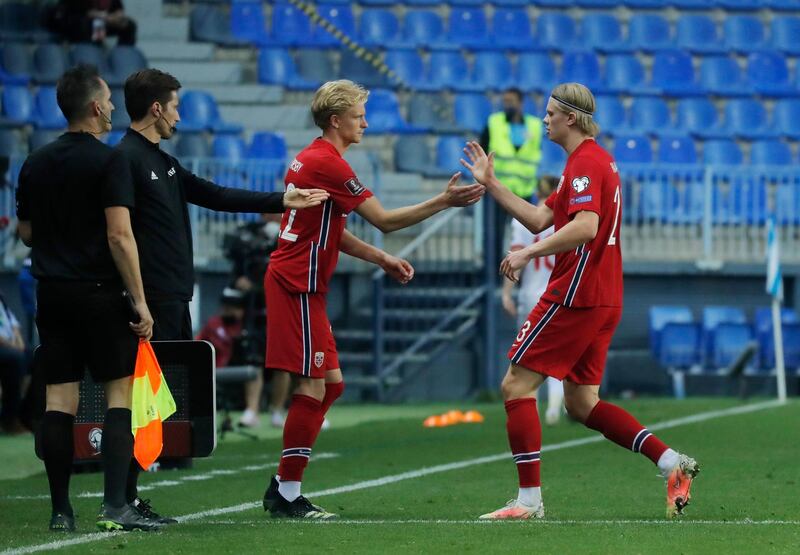 Erling Braut Haaland is replaced by Morten Thorsby against Turkey. Reuters