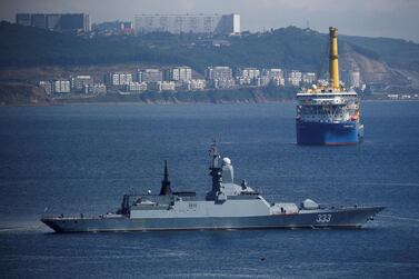  The Russian navy corvette Sovershenny and the Gazprom owned pipe-laying ship Akademik Cherskiy are seen offshore Vladivostok, Russia September 6, 2017. Reuters.