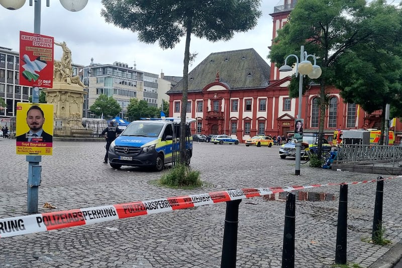 Armed police sealed off a market square in Mannheim, Germany, after the knife attack on Friday. AP