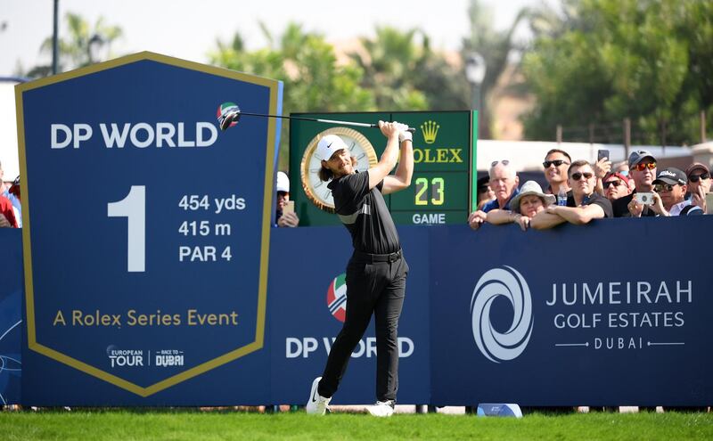 DUBAI, UNITED ARAB EMIRATES - NOVEMBER 22:  Tommy Fleetwood tees off on the 1st hole during Day Two of the DP World Tour Championship Dubai at Jumeirah Golf Estates on November 22, 2019 in Dubai, United Arab Emirates. (Photo by Ross Kinnaird/Getty Images)