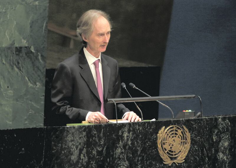 Norway's Ambassador Geir O. Pederson addresses the United Nations General Assembly,  Thursday, Jan. 22, 2015. The U.N. General Assembly is holding its first-ever meeting devoted to anti-Semitism in response to a global increase in violence against Jews, a meeting scheduled even before the recent attack on a kosher supermarket in Paris. (AP Photo/Richard Drew)