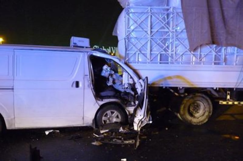 Three people were injured on Sunday night in this collision, one of hundreds in Dubai this year. Photo courtesy of Dubai Police
