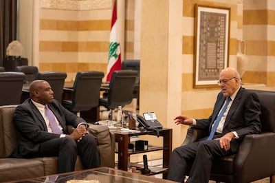 The UK's shadow foreign secretary David Lammy (left) with Lebanon's caretaker Prime Minister Najib Mikati in Beirut on Friday. AP