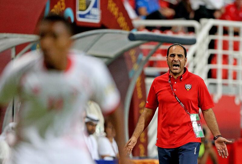 UAE coach Rashed Al Bedwawi gestures during the Fifa Under 17 World Cup match against Slovakia at Mohammed bin Zayed Stadium in Abu Dhabi. Satish Kumar / The National