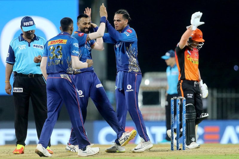 Rahul Chahar of Mumbai Indians celebrates the wicket of Manish Pandey of Sunrisers Hyderabad with his teammates during match 9 of the Vivo Indian Premier League 2021 between the Mumbai Indians and the Sunrisers Hyderabad held at the M. A. Chidambaram Stadium, Chennai on the 17th April 2021.

Photo by Vipin Pawar / Sportzpics for IPL
