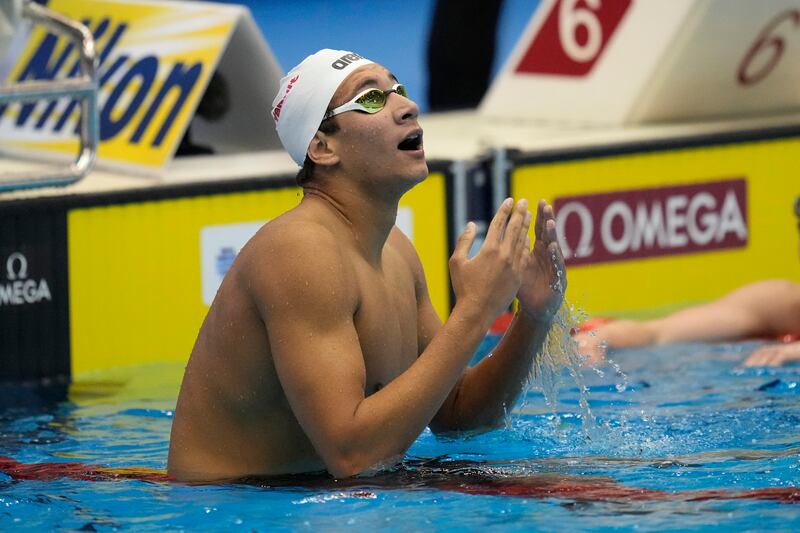Ahmed Hafnaoui of Tunisia after winning the men's 800m freestyle swimming final at the World Swimming Championships in Fukuoka, Japan, on Wednesday, July 26, 2023. AP