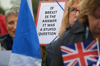 Anti Brexit protesters hold placards and demonstrate in front of the European Parliament in Strasbourg, eastern France, on October 19, 2019. Britain's parliament sat on October 19, 2019 for the first time in 37 years to debate Prime Minister Boris Johnson's Brexit deal to leave the European Union. / AFP / FREDERICK FLORIN
