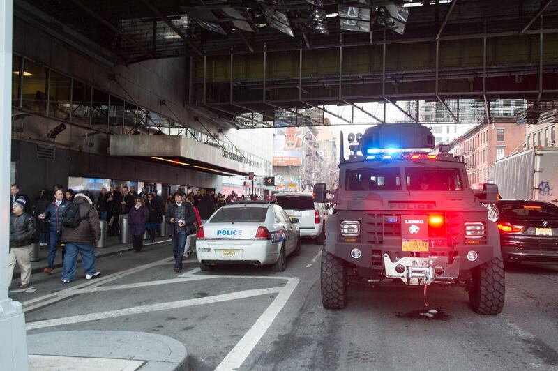 Police and other first responders respond to a reported explosion at the Port Authority Bus Terminal on December 11, 2017 in New York. Bryan Smith / AFP