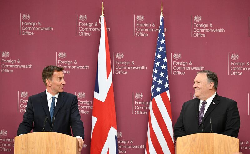 U.S. Secretary of State Mike Pompeo and Britain's Foreign Secretary Jeremy Hunt attend a joint news conference at the Foreign Office in central London, Britain May 8, 2019. Mandel Ngan/Pool via REUTERS