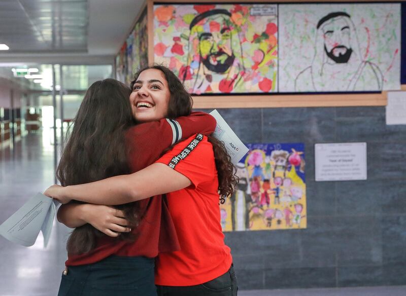 Dubai, U.A.E., August 23 , 2018.  GCSE results coverage at the Dubai British School.  (L-R)  Nadine Guirguis and Jannah Redda compare results.
Victor Besa/The National
Section:  NA
Reporter:  Nick Webster