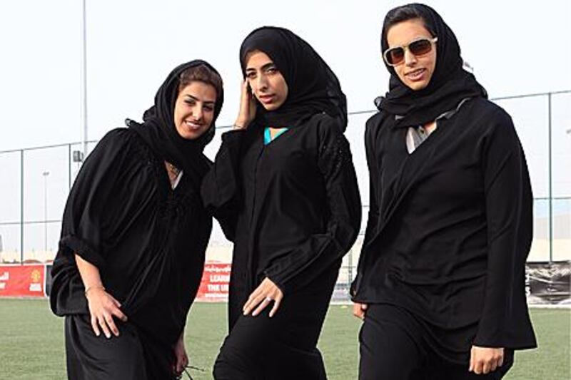 From left: Mariam Omaira, Hemyan Khalid and Azza al Kaabi are Emirati women football players at the Dome@Rawdhat in Abu Dhabi.