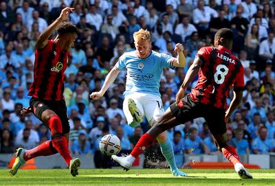 Kevin De Bruyne scores for Manchester City against Bournemouth in the Premier League match at the Etihad Stadium in August 2022. Getty