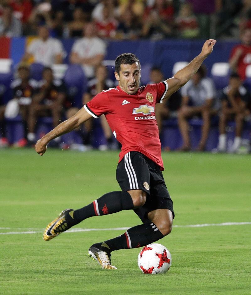 Manchester United's Henrikh Mkhitaryan shoots during the second half against the Los Angeles Galaxy in a friendly soccer match Saturday, July 15, 2017, in Carson, Calif. Manchester United won 5-2. (AP Photo/Jae C. Hong)