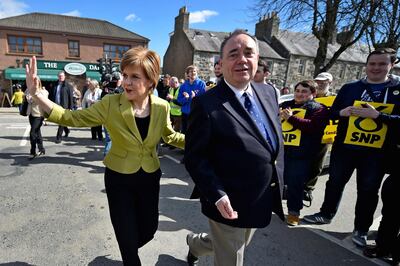 INVERURIE, SCOTLAND - APRIL 18:  SNP Leader Nicola Sturgeon and Alex Salmond campaign in the Gordon constituency on April 18, 2015 in Inverurie, Scotland. The First Minister joined  Alex Salmond to highlight the fact that only the SNP represent all parts of Scotland.  (Photo by Jeff J Mitchell/Getty Images)