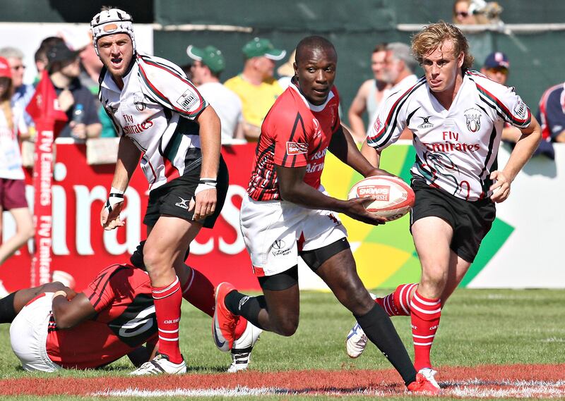 Dubai , United Arab Emirates, Dec 3 2011, UAE v Kenya , Sports Reporter Paul Radley  story- (left to right) UAE's  during action at the Emirates airlenes Dubai Rugby Sevens. Mike Young / The National
